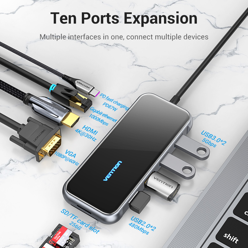 【COD】Vention HUB Type C Docking Station Thunderbolt 3 bộ chuyển đổi Type C PD 87W power port USB C to 4 USB 3.0 Docking Station Mirrored Surface For Apple Macbook iPad Laptop HP HuaWei ASUS Samsung Lenovo USB C Docking Station