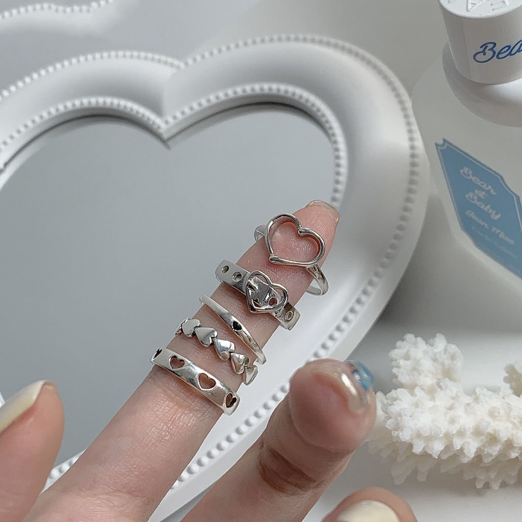 17MILE 5pcs/set Heart Shape Opening Rings Set Vintage Silver Cool Girl Ring for Women Fashion Jewelry Accessories