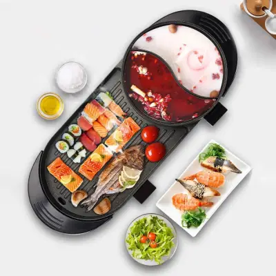 CLEAR STOCK 2 IN 1 Electric Hot Pot BBQ Pan Grill Hotpots Steamboat Multifunction Frying Cooker（Malaysia 3-Pin Plug）