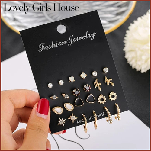 【♡Lovely girls house♡】IN 12 Pairs Flower Earrings For Women Crystal Pearl Stud Earrings Bohemian Geometric Tassel Earrings For Women 2021 Jewelry Gift