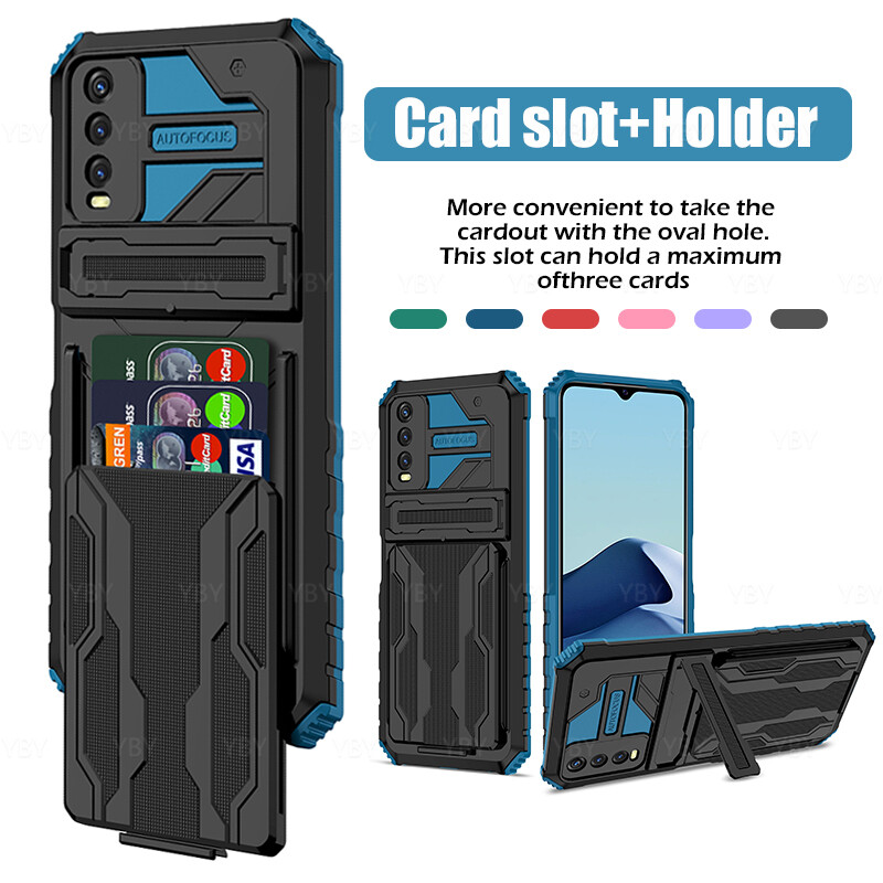 Card Holder Phone Case VIVO Y12S Y11S Luxury Casing Shockproof Armor Stand Hard Back Cover V2026 V2033 V2042 V2028