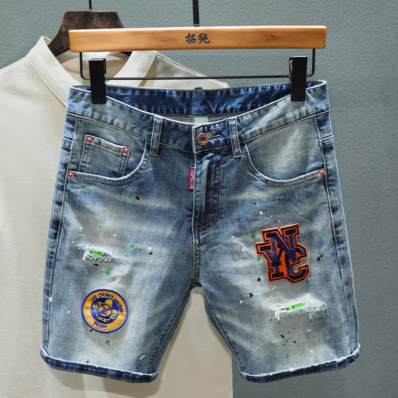 High end European fashion brand denim shorts Embroidered Denim Shorts men's hole patch labeling splash paint pants
