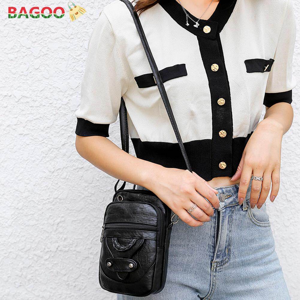 BAGOO Retro Soft PU Leather Crossbody Bag Women solid color Mini Shoulder Bag phone pouch with earphone hole