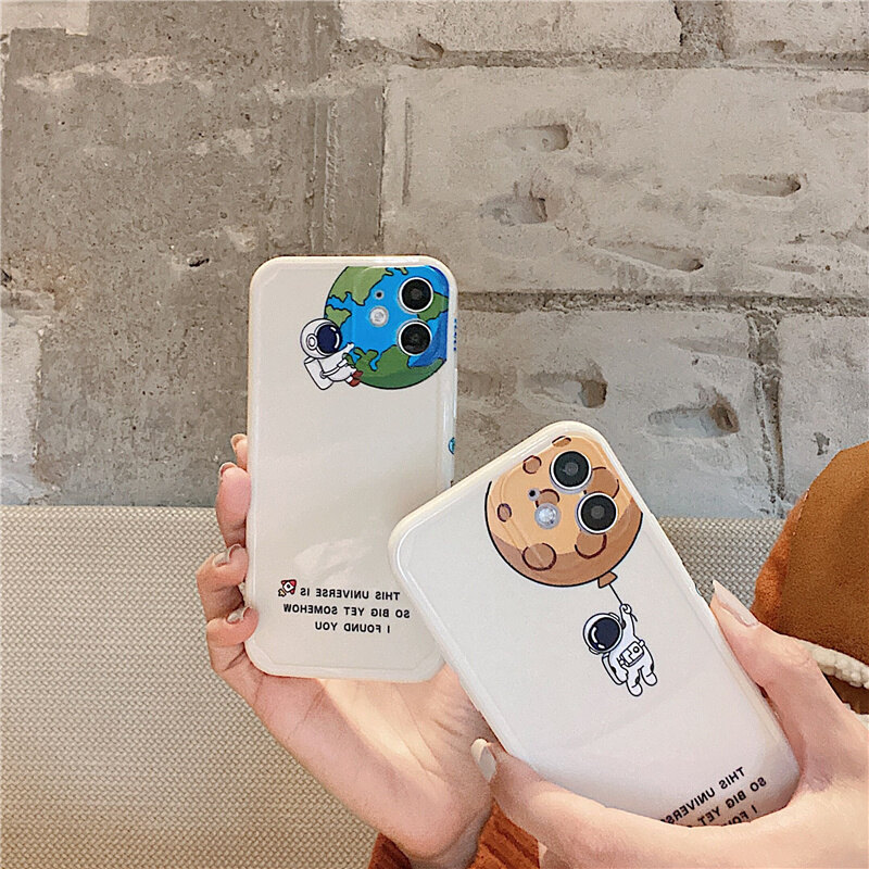 For Apple Case Liquid Side LOGO Cute Astronaut Space Soft Rubber Mobile Phone Casing for IPhone 12 PRO 11 PRO MAX X XR XS MAX 12 Mini 7 8 PLUS All-inclusive Straight Edge Shockproof TPU Cover