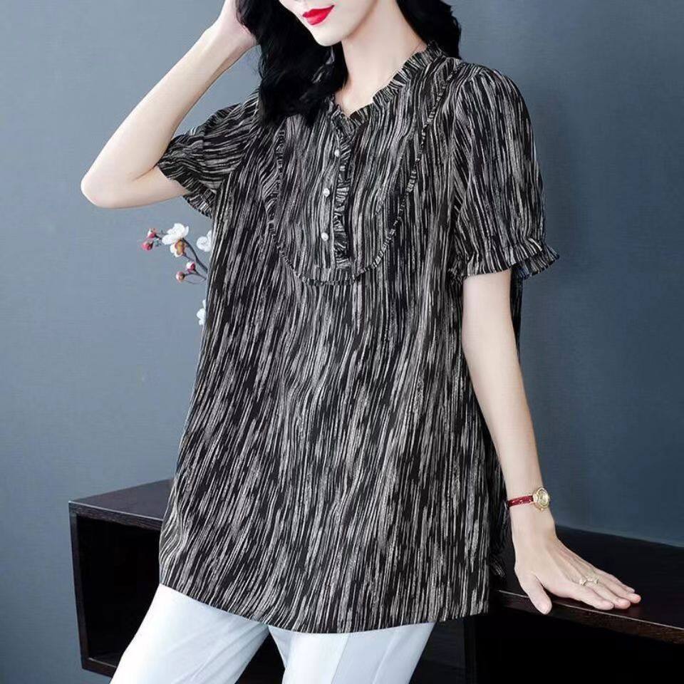 Middle aged and elderly women's large chiffon black and white striped short sleeves