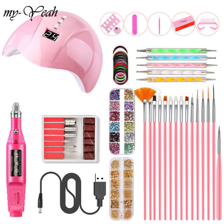 myyeah Nail Set 15pcs Painting Brush Kit 5pcs Rhinestone  Dotting Picking Pen Smart Nail Lamp USB Polishing Machine Nail Pen Nail Art Rhinestones DIY Manicure Tools set