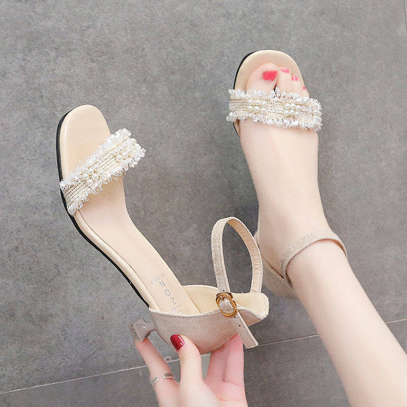 Women's 2023 Summer New Little Fresh High Heels with One Word Sandals, Versatile Fairy Style Low Heel Sandals Tide