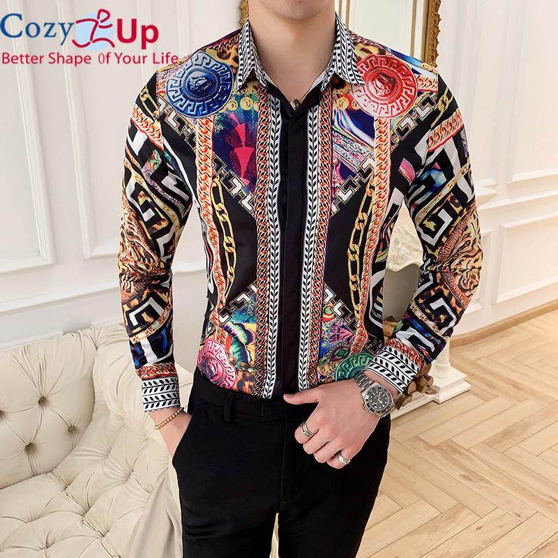 Cozy Up Men Vintage Cotton Slim Shirt - Geometric Patchwork Classic Collar White Long Sleeve