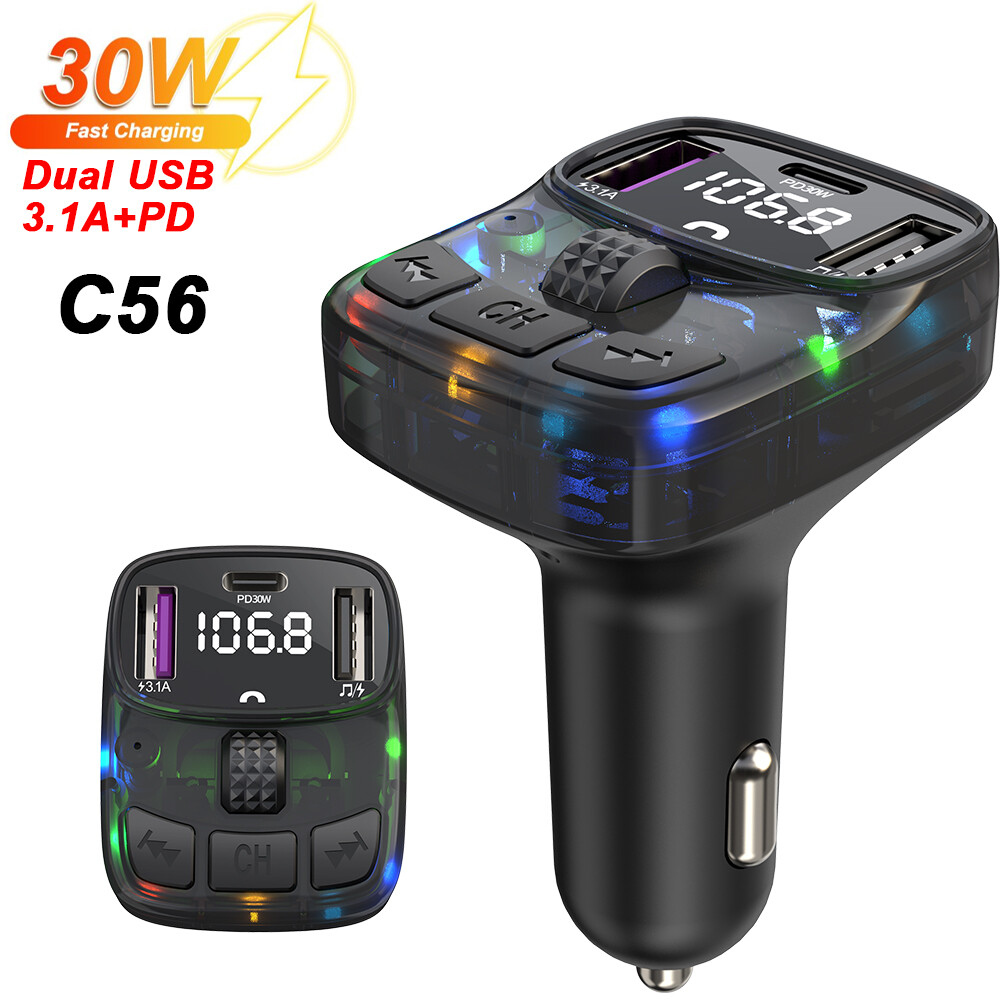 Kebidumei Car Charger Bluetooth FM Transmitter 30W PD Dual USB Fast Charge Handsfree MP3 Player Autoradio Car Kit Accessories