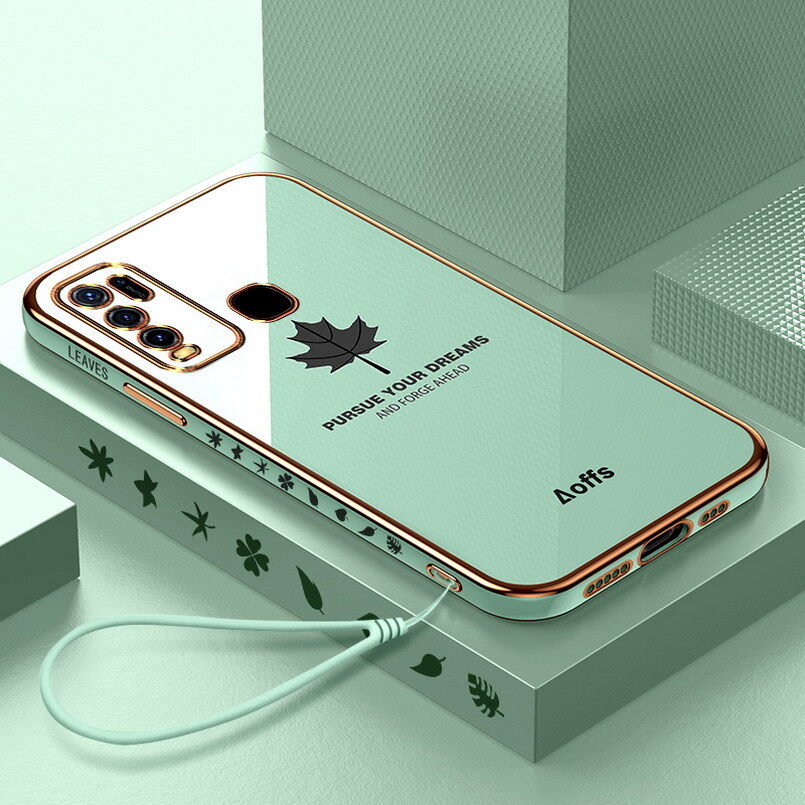 Zeallion Plating Cute Maple Leaf Phone Case For [Vivo V11 Pro X21s V7 Plus V17 V15 S1 IQOO Z3 Y52s Y50 Y70s Y71 Y79 Y97 Z3i Y20 Y93 Y73s Y17 Y3 Y19 U3 Y83 Y85 Y66 Y95 V9] Ultra-thin Shockproof Silicone Phone Case Cover with Lanyard