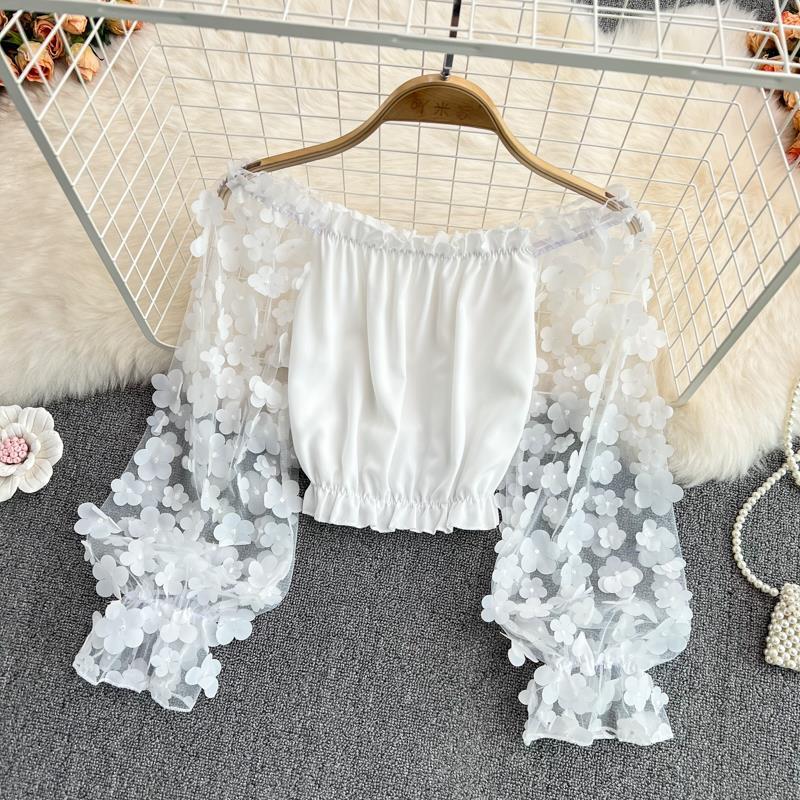 Áo Voan Phối Lưới Hoa Hở Vai Áo Nữ Dáng Rộng