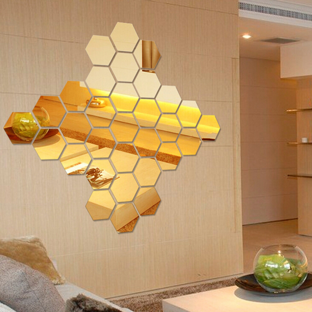 12Pcs 3D Mirror Wall Stickers Home Decor Hexagon Acrylic Mirror Sticker DIY Mural Removable Room Decal Art Ornament For Home