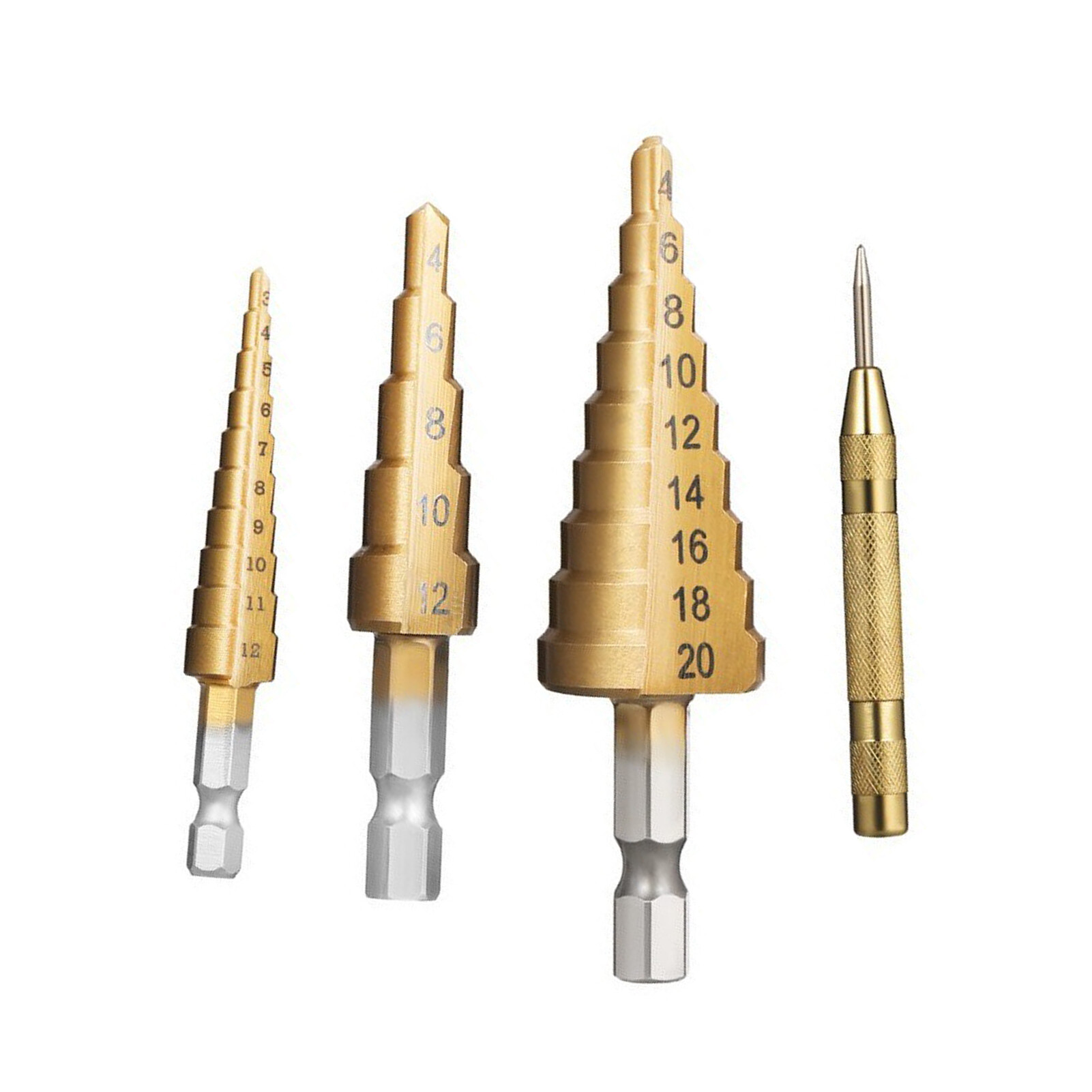 HSS 4PCS Titanium Step Drill Bit Set High Speed Steel Drill Bits Set with Automatic Center Punch Multiple Hole Stepped Up Bits for Plastic Wood Metal