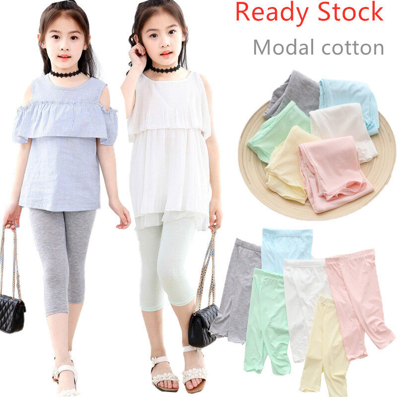 Ready Stock 3-12 Years Baby Solid color Cropped Pants Leggings For Kids Girl Summer Trousers Short Modal Cotton Stretch Little Toddler