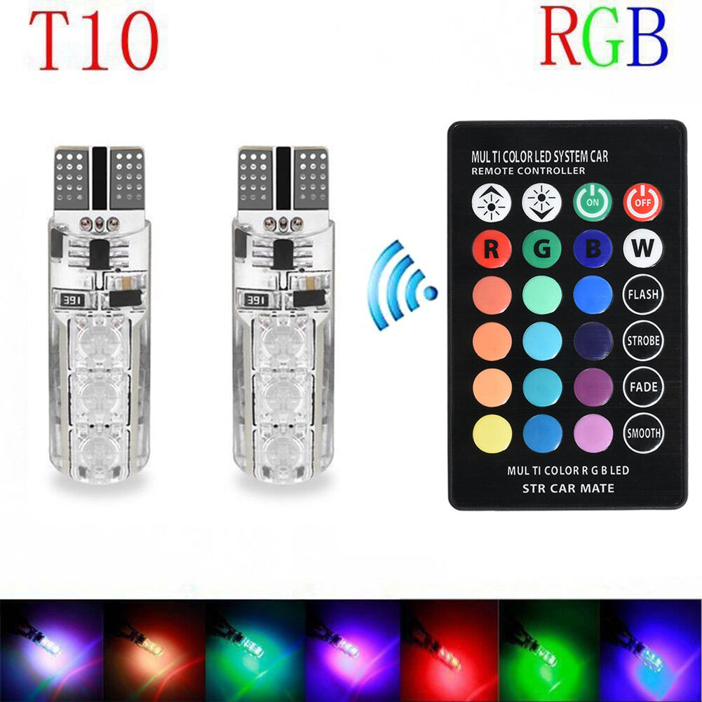 2PCS 6SMD RGB LED T10 5050 Multi Color Light Car Wedge Remote Control Bulbs