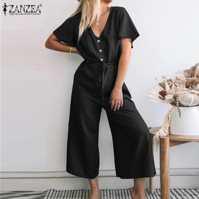 ZANZEA สตรีฤดูร้อนสแตปปี้จั็มสูทขากว้าง Overalls ชุดจัมป์สูทธรรมดาขนาดใหญ่