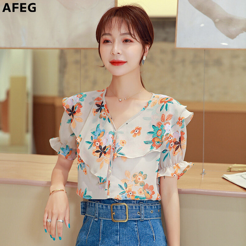 AFEG new Korean women's short sleeve printed chiffon casual fashion wild temperament elegant blouse