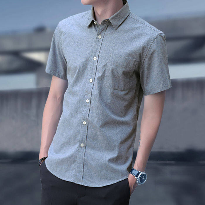 Men's Short Sleeve Shirt Slim Fit Solid Half Sleeve Thin Fit Korean Fashion Shirt