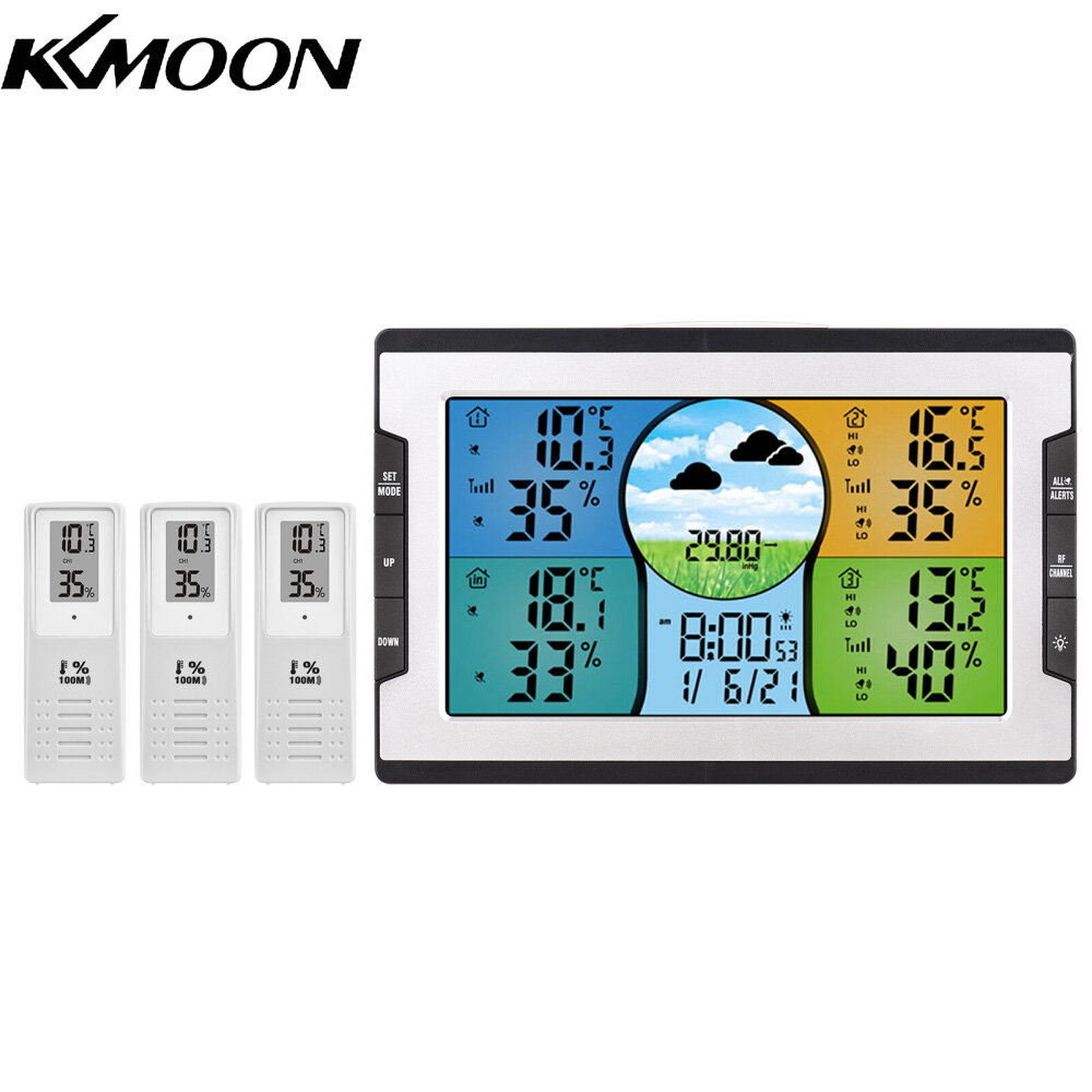 KKmoon Digital Weather Station with 3 Remote Sensors 328ft/ 100m Indoor Outdoor Temperature Humidity Monitor Alarm Clock with Snooze Thermohygrometer with Weather Forecast/ Pressure/ Backlight/ Date/ Week/ Alarm Function