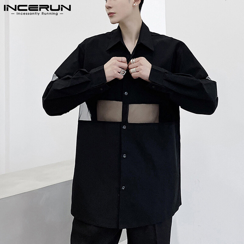 (เกาหลีสไตล์) INCERUN แขนยาวสำหรับผู้ชายเสื้อผ้าฝ้ายตาข่ายดูผ่านเสื้อ Clubwear Tops