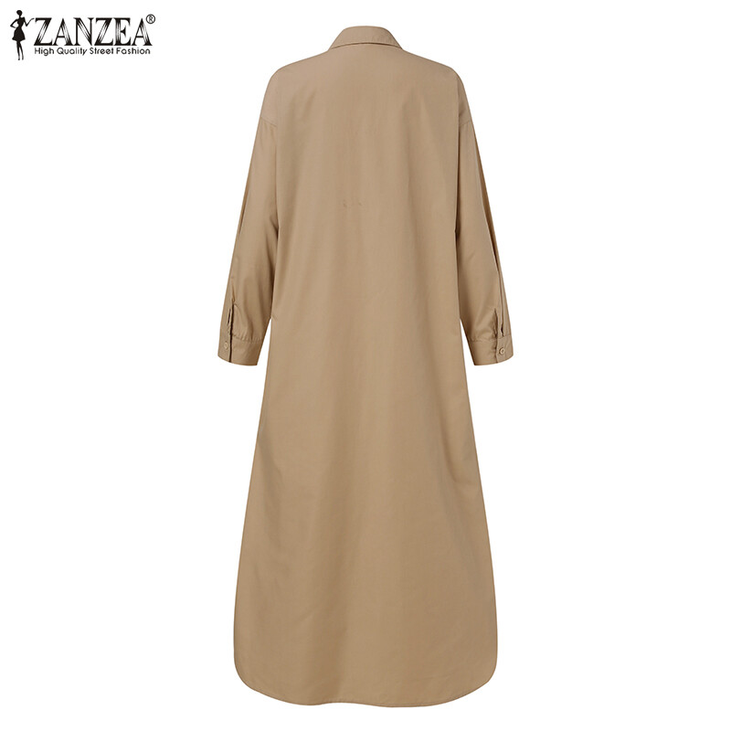 ZANZEA Womens Collared Button Down Solid Colour Kaftan Long Maxi Shirt Dress