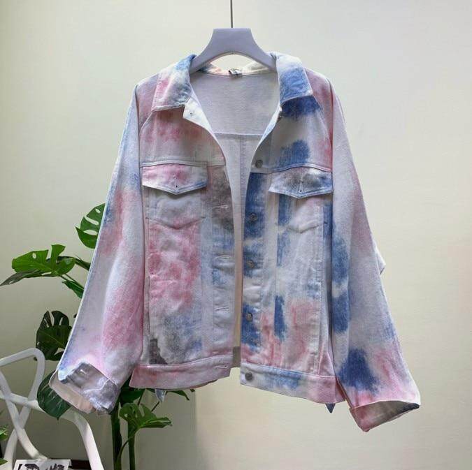 Musim Semi Denim Wanita Musim Gugur Jaket Lengan Kelelawar Longgar Graffiti Koboi Lengan Panjang Mantel Jin