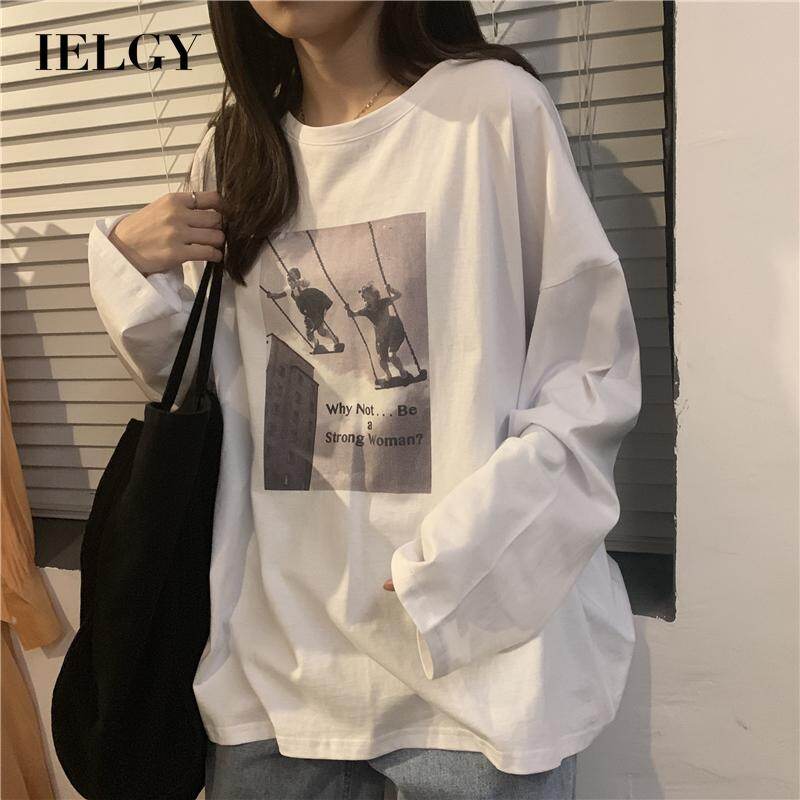 IELGY white commuting long sleeve Women's T-shirt loose printed casual fashion versatile