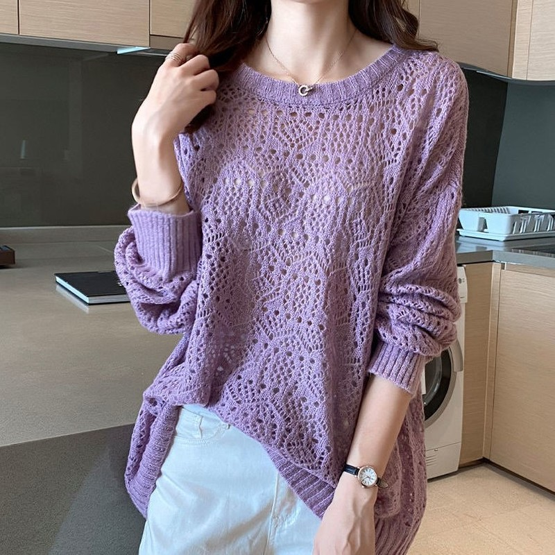 2022 New Women Hollow Knit Sweater Spring and Autumn Women Thin Loose Casual Wear Long Sleeve Top