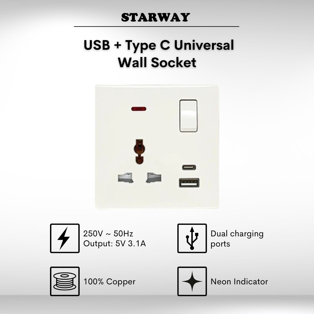 13A Universal Switch Socket with Dual USB / USB + Type C Outlet Local  Supplier Warranty Neon Indicator Charging Ports - Lazada | Lazada