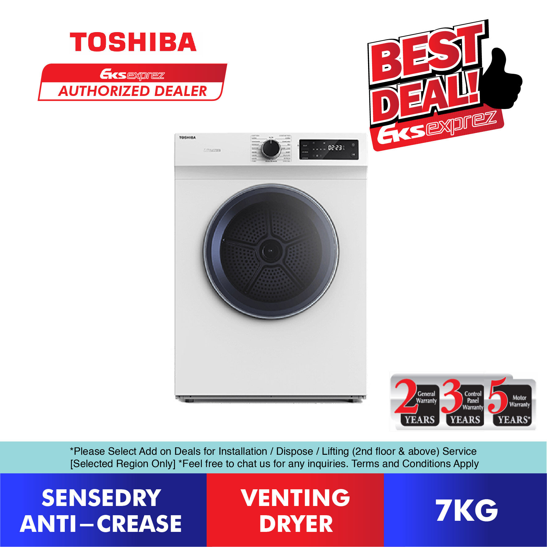 Toshiba AirVented Dryer 7KG TDH80SEM Airvented SenseDry Tumble Dryer