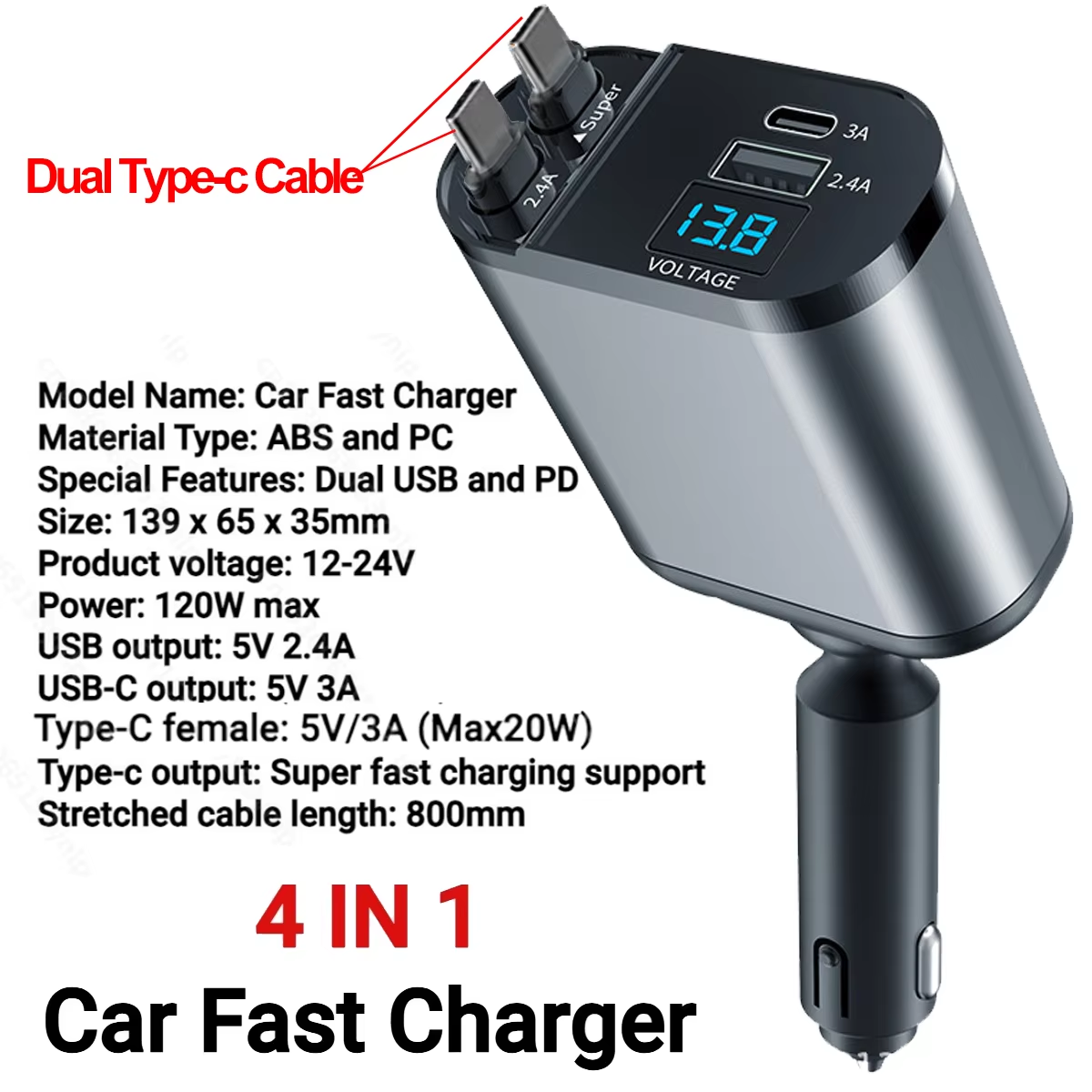 Retractable Car Charger 120W Fast Charger 4-in-1 Fast Charging Car Phone Charger
