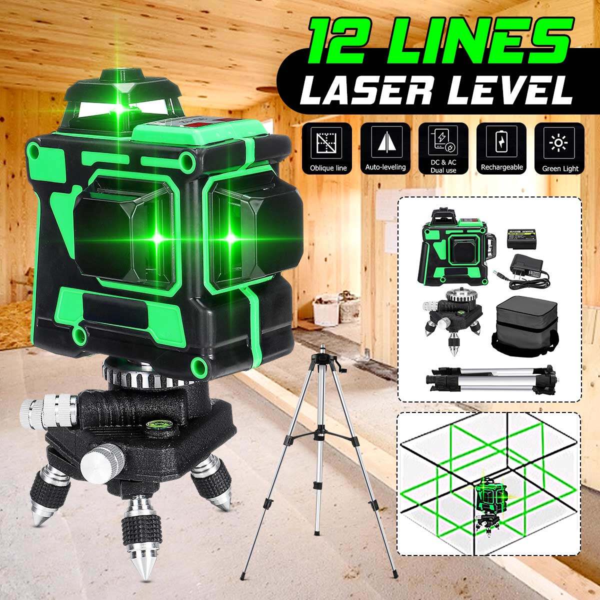 12 Lines Laser Level 360° Rotary 3D Green Laser Level Horizontal And ...