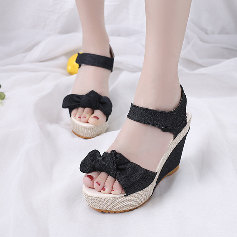 Fashion Women's Platform Wedge Sandals Ankle Strap Summer Shoes Wedges with Bowknot