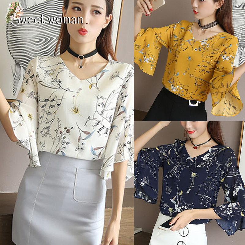 【SW】Summer Women's Chiffon Top, V-neck Ruffle Sleeve Flare Sleeve Short Sleeve Top