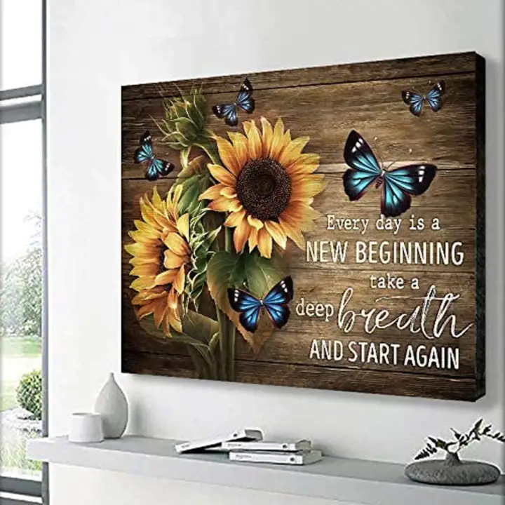 Rustic Canvas Wall Art Sunflowers And Erflies Prints For Living Room Country Style Decor New Beginning Quotes Poster Wood Framed Painting Farmhouse Home Picture 1x1 Lazada Singapore - Country Style Wall Decor For Living Room