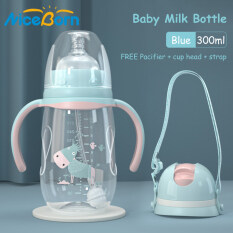 NiceBorn 300ML Baby Sippy Cup Milk Bottle with Straw and Gravity Ball for 360 Degree Sucking Baby and Toddler with Double Handle BPA Free, No Spill Safe Learner Bottle with FREE Kettle Strap & Cup Head