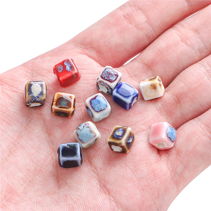 10pcs/Bag 7mm High Quality Unique Delicate Handmade Chinese Ceramic Porcelain Geometry Square Shape Beads Charm for Earring Necklace Bracelet DIY Jewerlry Craft Making Accessories