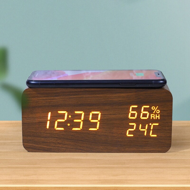 Digital Alarm Clock, Temperature and Humidity Alarm Clock LED Electronic Clock Smartphone Wireless Charger