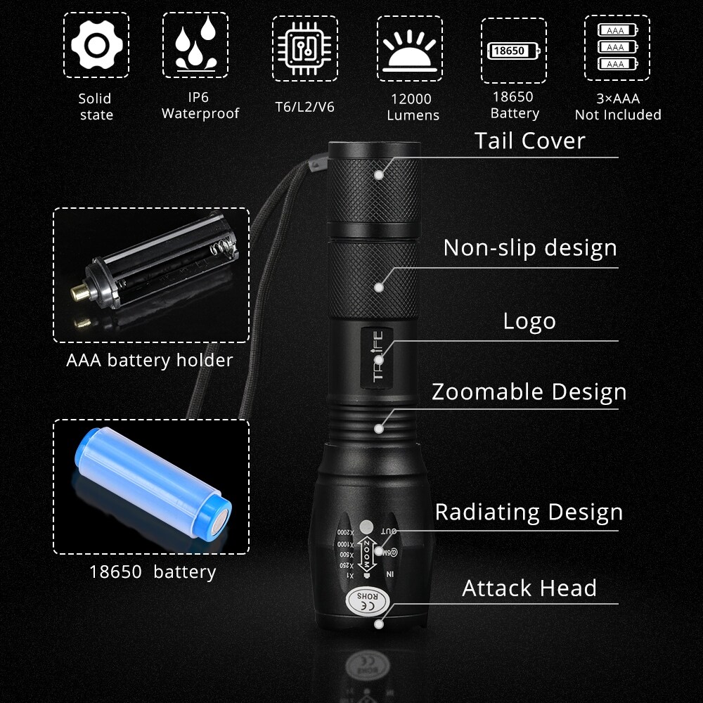 LED Flashlight Ultra Bright Torch T6/L2//V6 5 Lighting Modes lanterna Zoom Powerful Bicycle Light Camping by 18650 Battery