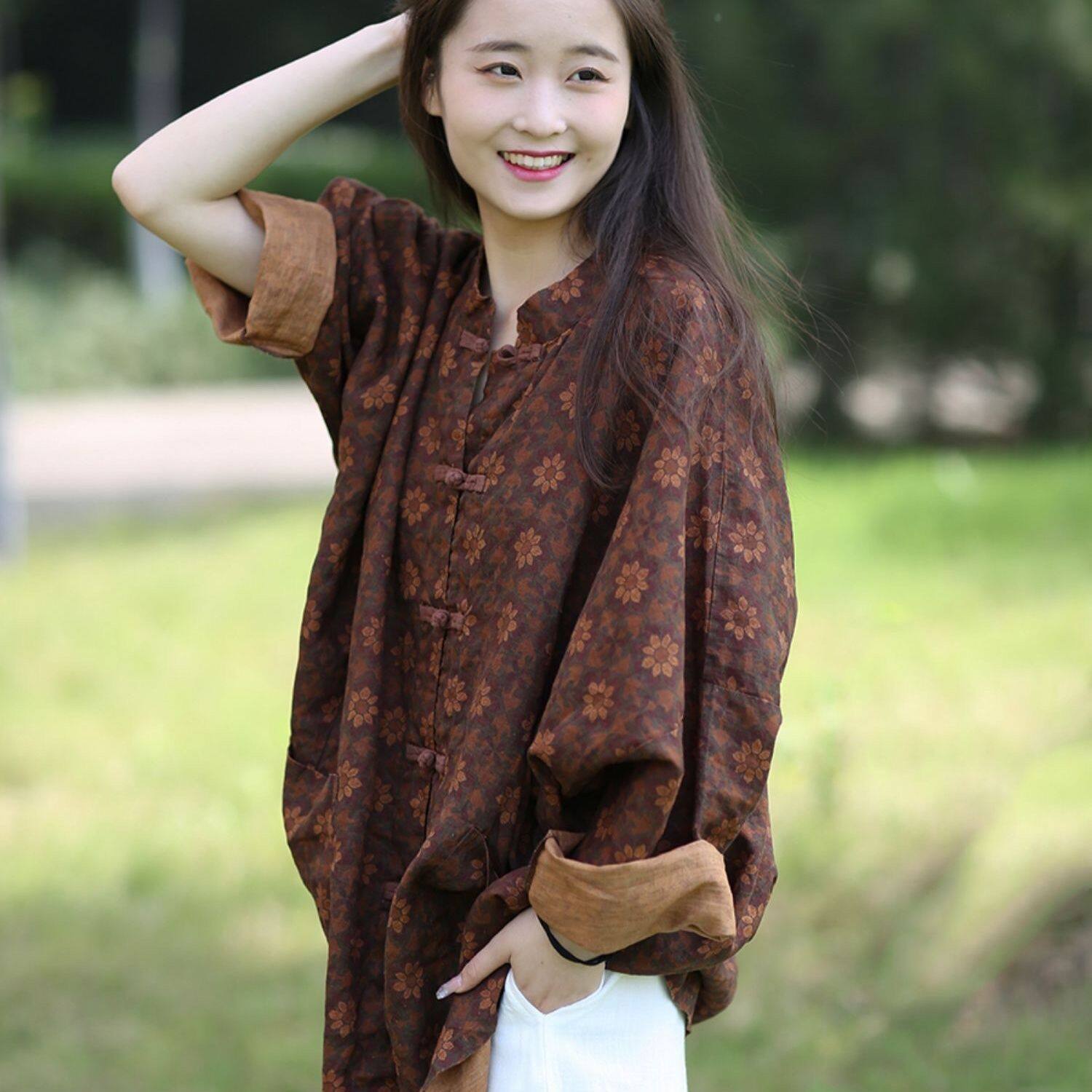 WhiteTime Autumn new original design cotton women's literary retro disc buckle Chinese style national style shirt coat 301T0646