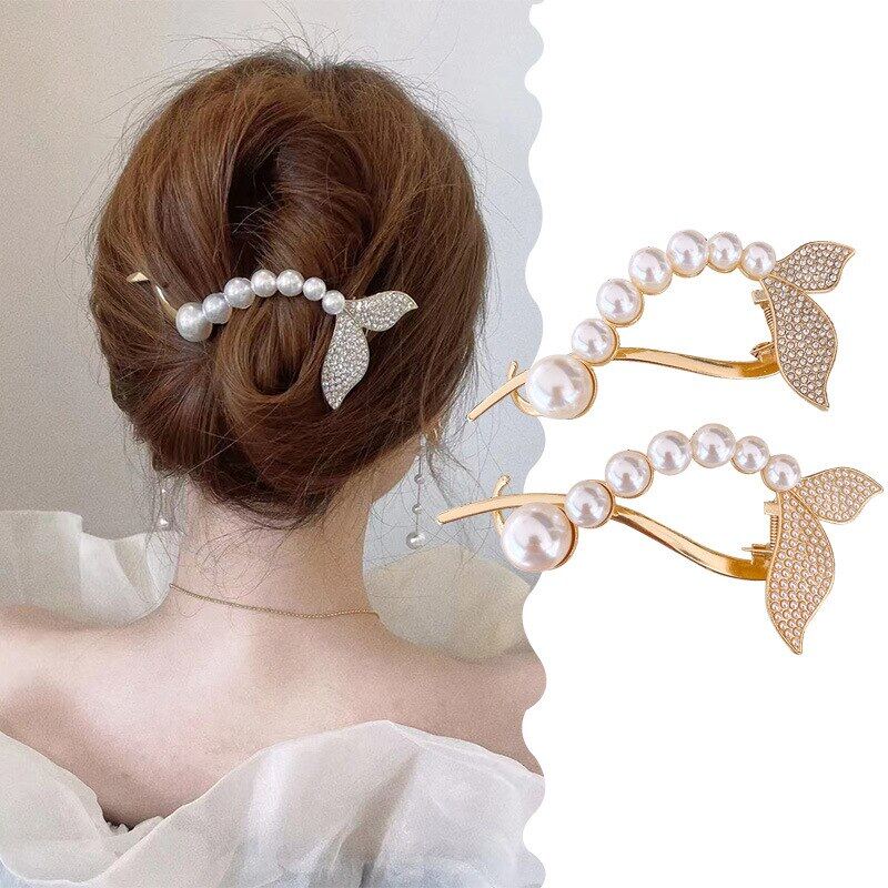 Fashion Pearl Rhinestone Mermaid Fishtail Metal Curved Hair Clip for Women Elegant Large Hair Claw Clamp Headwear Hair Accessories