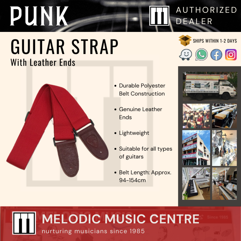 Punk Adjustable Polyester Guitar Strap with leather ends (Red) Malaysia