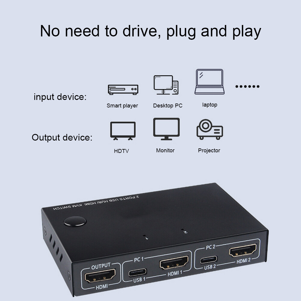 Hộp Chuyển Đổi KVM USB HDMI Hiển Thị 4K Bộ Chia Công Tắc USB Hiển Thị Video Dành Cho Máy In Chuột Bàn Phím Chia Sẻ 2 Chiếc Cắm Và Phai Màu
