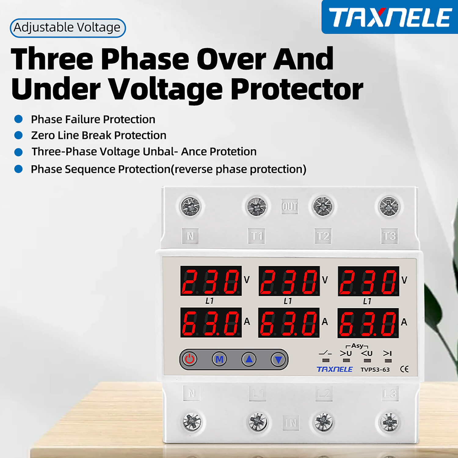Three Phase Voltage Current Relay Protector 100A 63A 220V 380V 3P Over Under Voltage Relay Current Limiter Adjustable Protect