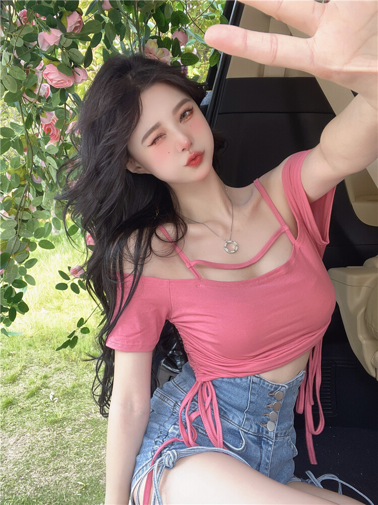 Du Yan Pink Off Shoulder Drawstring Short Sleeve T-shirt Women's Off Shoulder Lace Slim Short Top