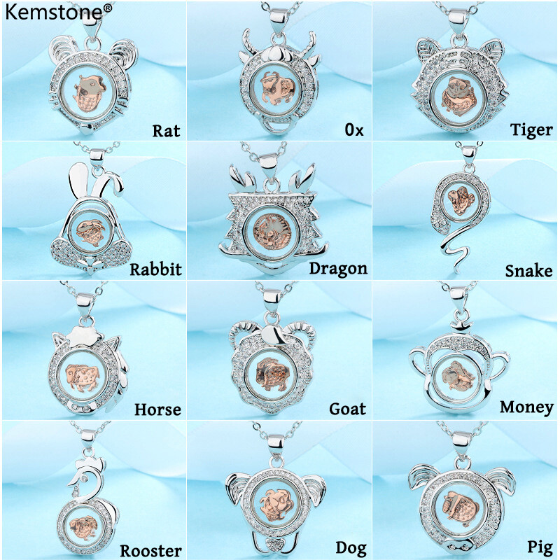 Kemstone Silver Plated Lucky Patron Saint Rotatable Zodiac Pendant Chain Necklace Women Men Unisex Jewelry