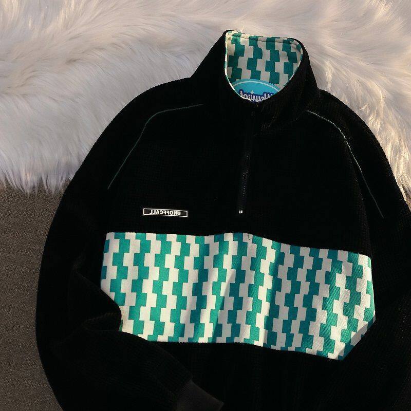 American Retro Waffle Half Zip Polo Collar Sweater Autumn Loose Checkerboard Top