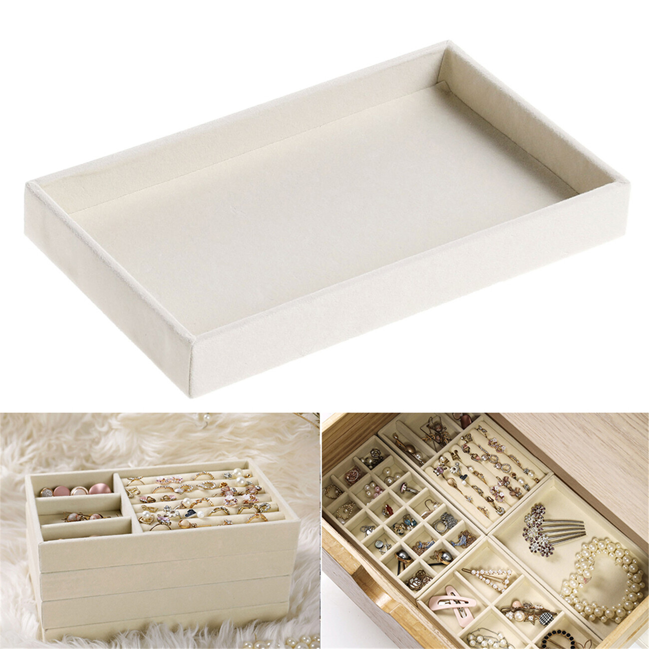 CNMF Beige Flannel Jewelry Tray Necklace Earrings Rings Storage Box Compartment Trays 21x12x2.2cm Drawer Organizer