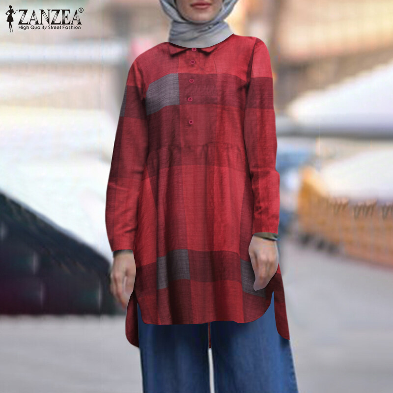 MOMONACO ZANZEA Muslimah ผู้หญิงมุสลิมอิสลามปุ่มลงลายหมากรุกเสื้อสูงต่ำเสื้อยืดเสื้อ