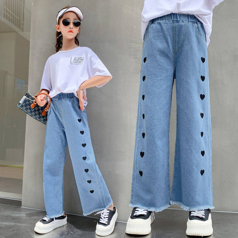 Pearl Piggy Girls' Denim Wide Leg Pants Medium and Big Kids Casual Long Pants